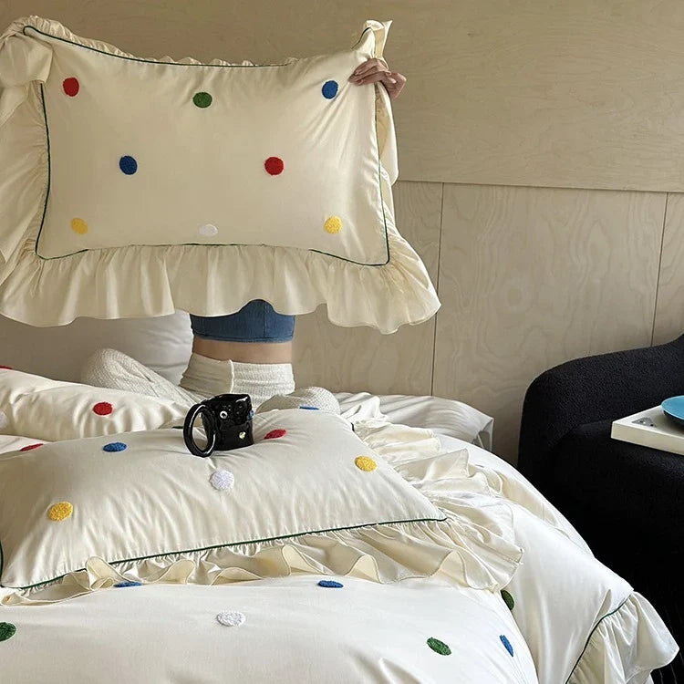 Bedding Set Cotton Satin Hand-Embroidered Dots 4-Piece