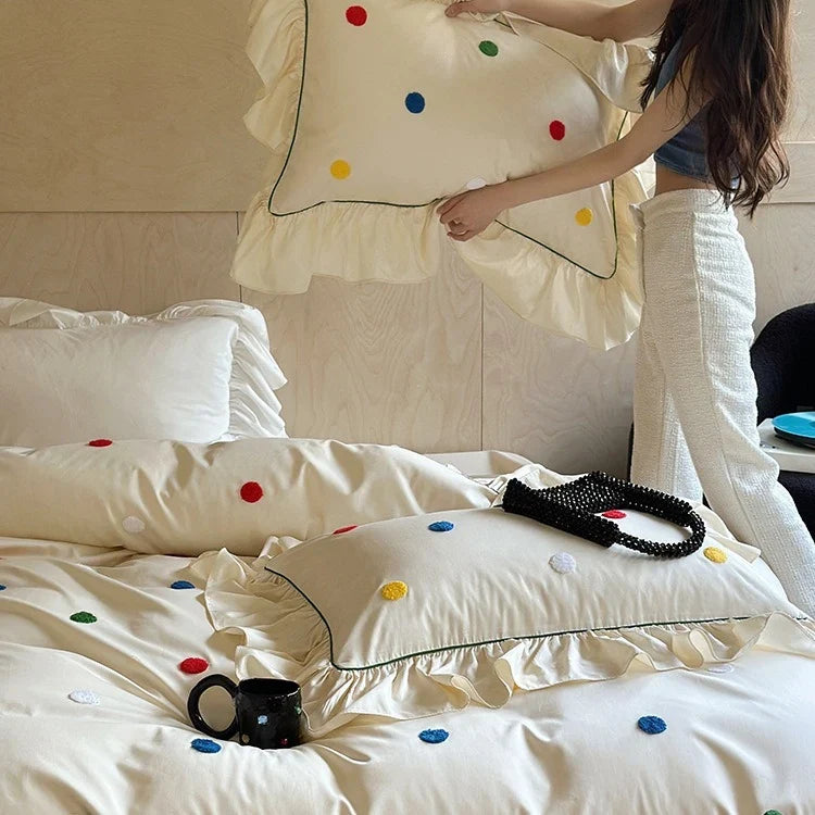 Bedding Set Cotton Satin Hand-Embroidered Dots 4-Piece