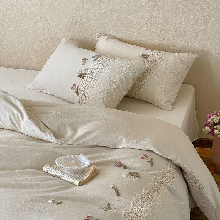 Bedding Set Cotton Satin Hand-Embroidered Floral & Lace Trim