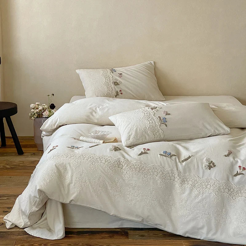 Bedding Set Cotton Satin Hand-Embroidered Floral & Lace Trim