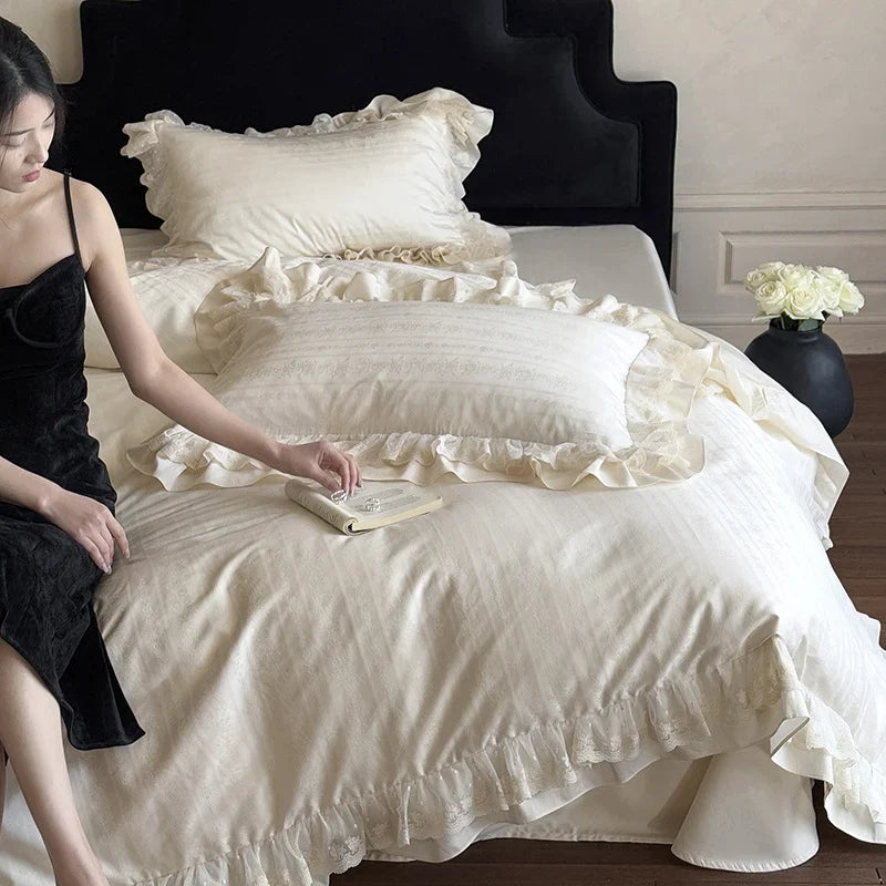 Bedding Set Cotton Satin Jacquard Ruffle & Lace Trim