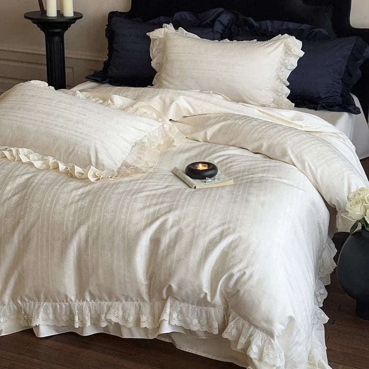 Bedding Set Cotton Satin Jacquard Ruffle & Lace Trim