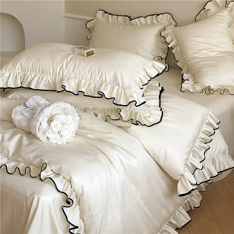Bedding Set Cotton Satin Jacquard Ruffled Breathable Four Piece
