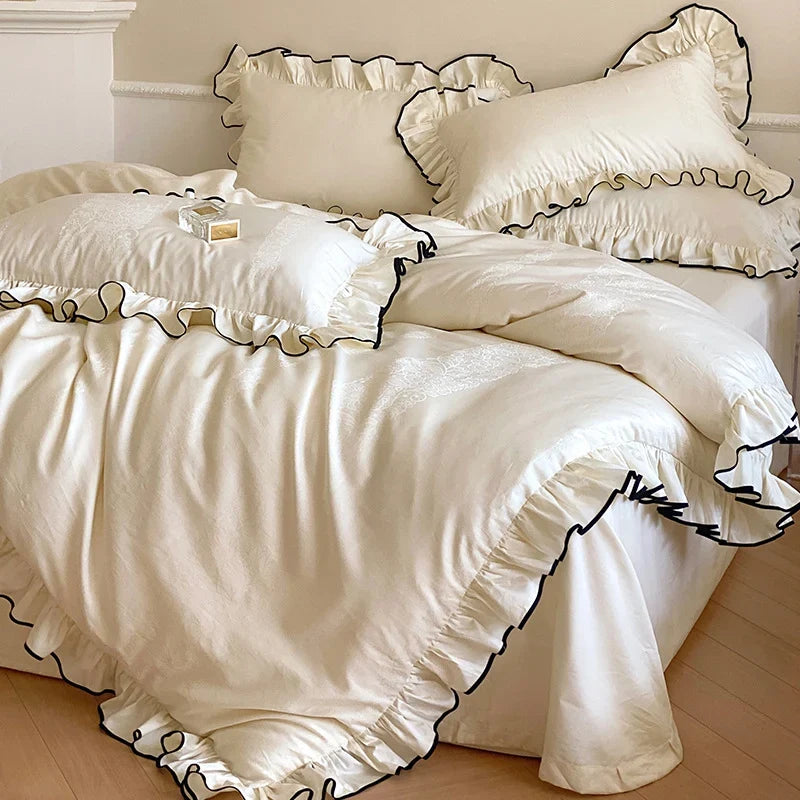 Bedding Set Cotton Satin Jacquard Ruffled Breathable Four Piece