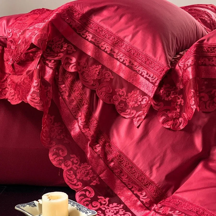 Bedding Set Cotton Satin Jacquard Ruffled Edges & Concealed Zippers