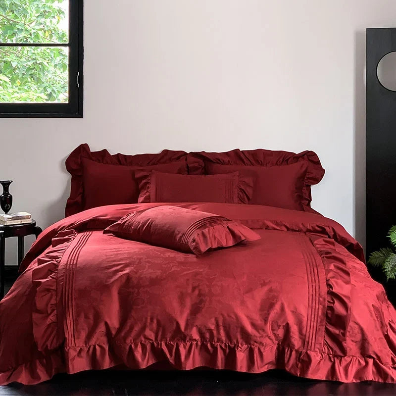 Bedding Set Cotton Satin Jacquard Ruffled Edges & Concealed Zippers