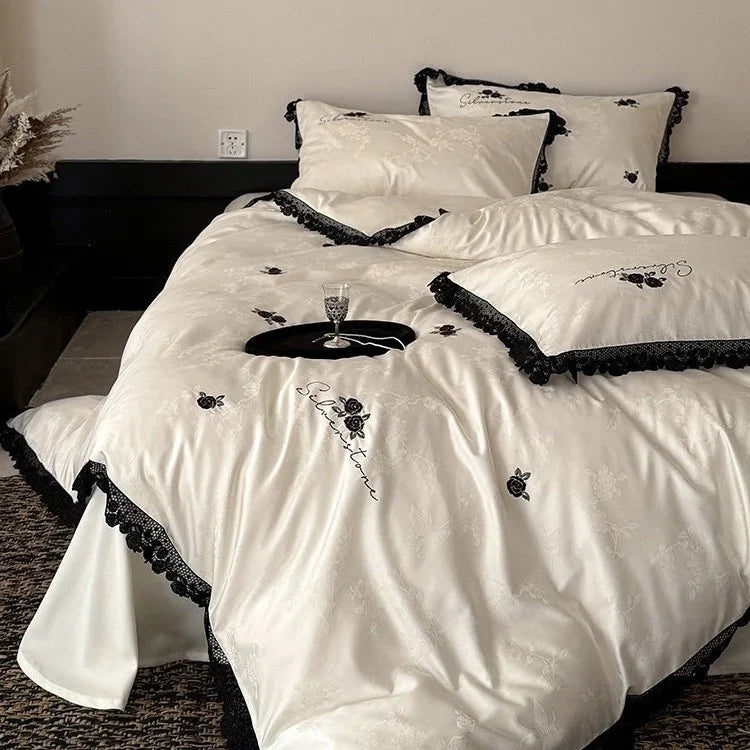 Bedding Set Cotton Satin Lace Trim & Rose Embroidery