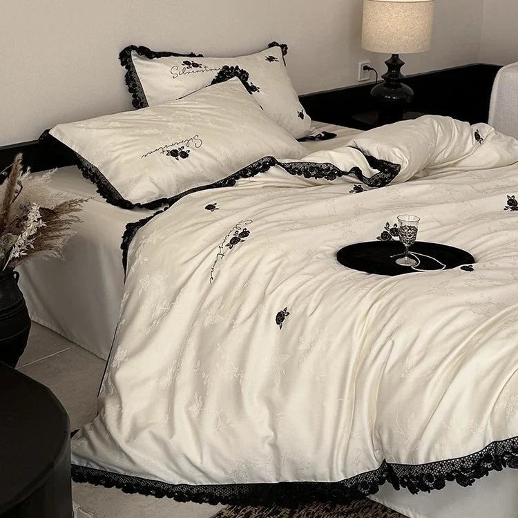Bedding Set Cotton Satin Lace Trim & Rose Embroidery