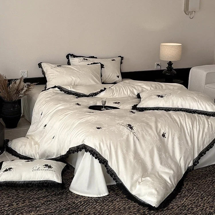 Bedding Set Cotton Satin Lace Trim & Rose Embroidery