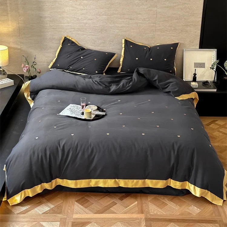 Bedding Set Cotton Satin Mini-Heart Embroidery & Contrast Piping