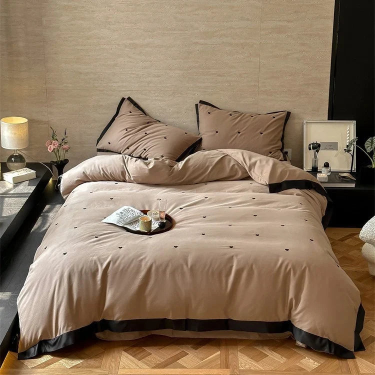 Bedding Set Cotton Satin Mini-Heart Embroidery & Contrast Piping