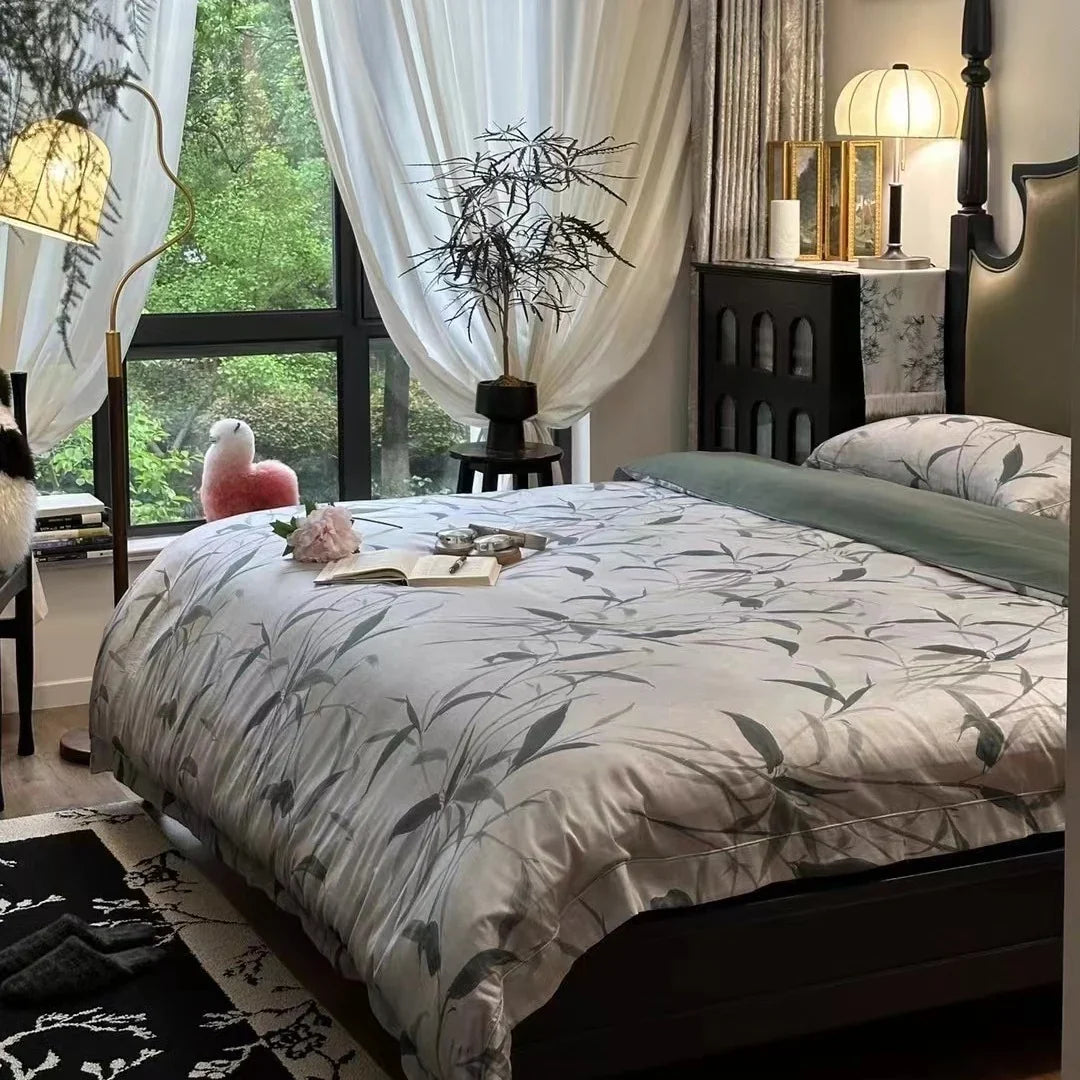 Bedding Set Cotton Satin Reversible Botanical Set of 4