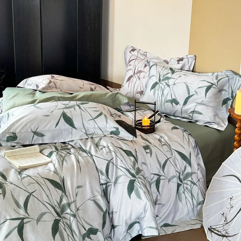 Bedding Set Cotton Satin Reversible Botanical Set of 4