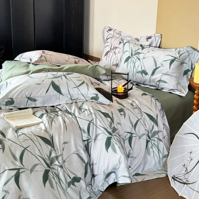 Bedding Set Cotton Satin Reversible Botanical Set of 4