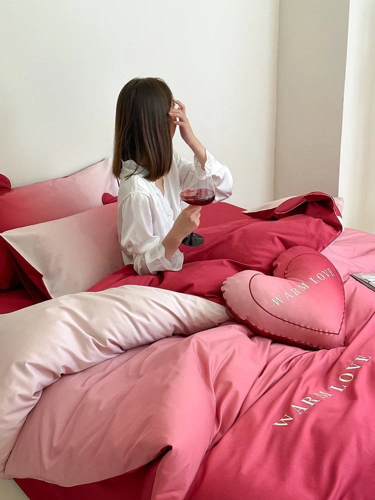 Bedding Set Cotton Satin Reversible With Heart Pillow
