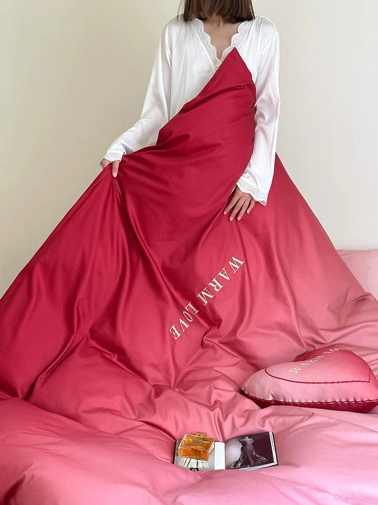 Bedding Set Cotton Satin Reversible With Heart Pillow