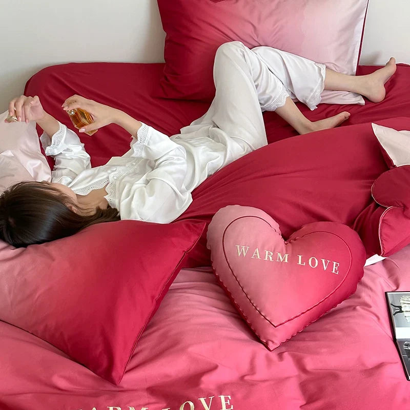 Bedding Set Cotton Satin Reversible With Heart Pillow