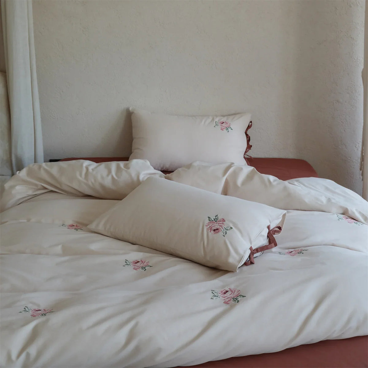 Bedding Set Cotton Satin Rose Embroidery Bow Closure