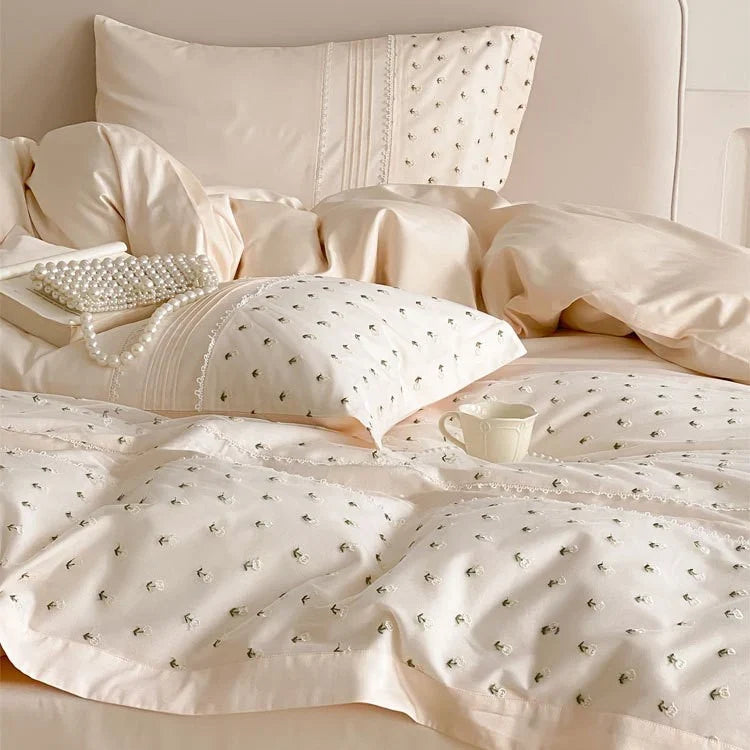 Bedding Set Cotton Satin Rosebud Embroidery