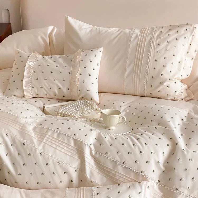 Bedding Set Cotton Satin Rosebud Embroidery