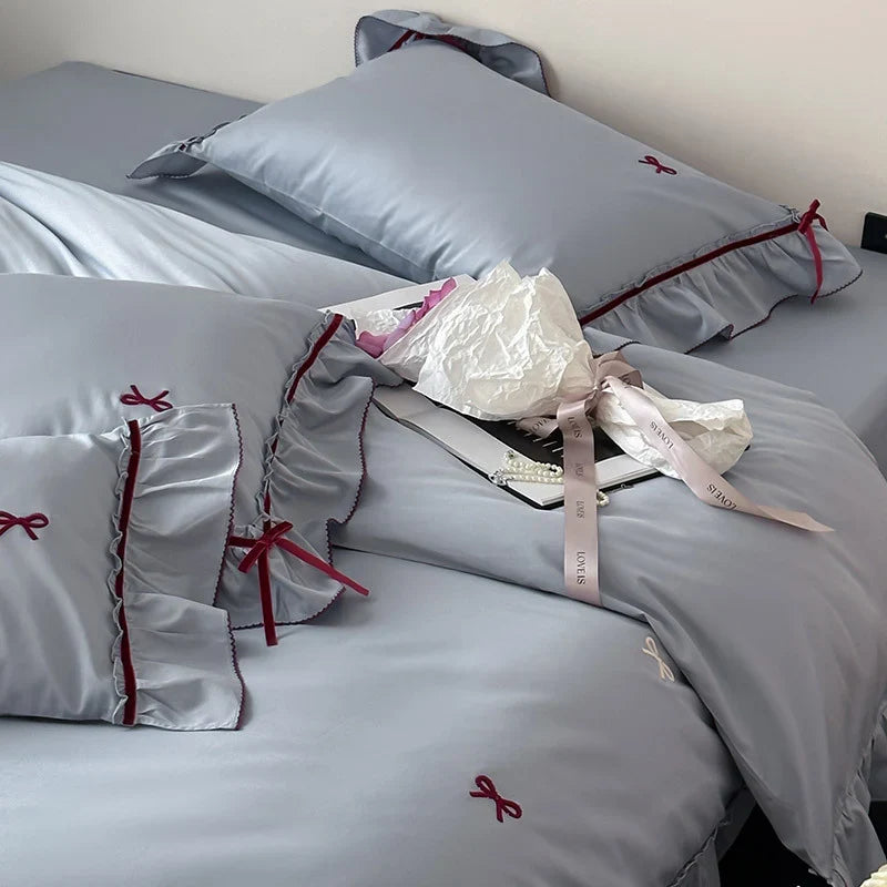 Bedding Set Cotton Satin Ruffle & Bow Embroidery