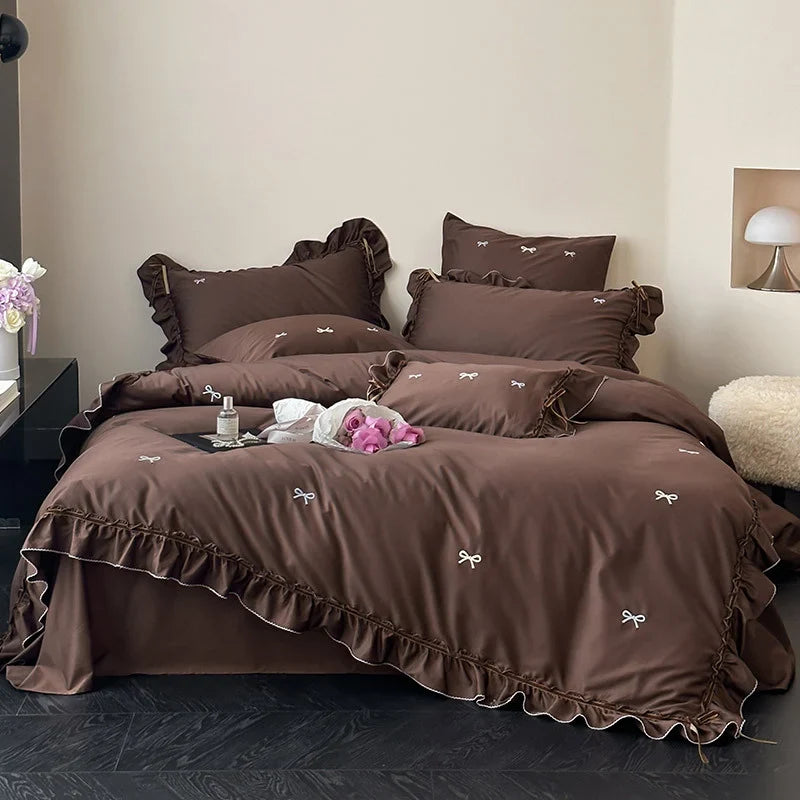Bedding Set Cotton Satin Ruffle & Bow Embroidery