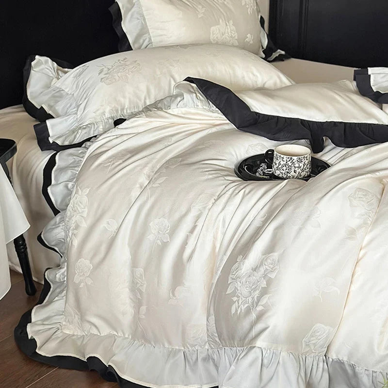 Bedding Set Cotton Satin Ruffle & Contrast Edge