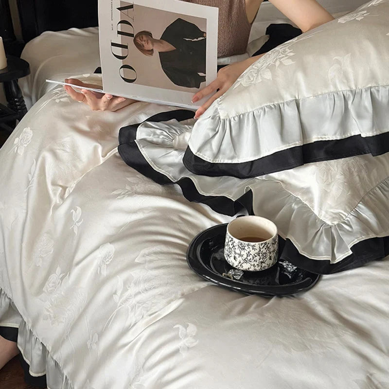 Bedding Set Cotton Satin Ruffle & Contrast Edge