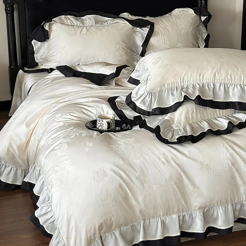 Bedding Set Cotton Satin Ruffle & Contrast Edge
