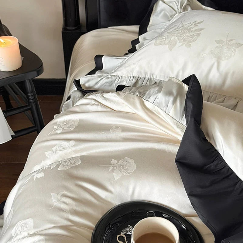 Bedding Set Cotton Satin Ruffle & Contrast Edge