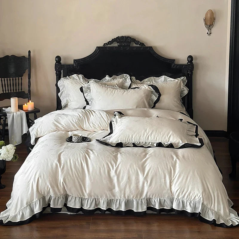 Bedding Set Cotton Satin Ruffle & Contrast Edge