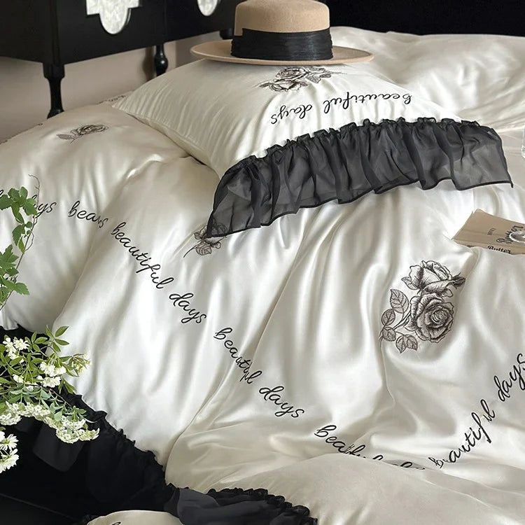 Bedding Set Cotton Satin Ruffle & Rose Embroidery 4-Piece