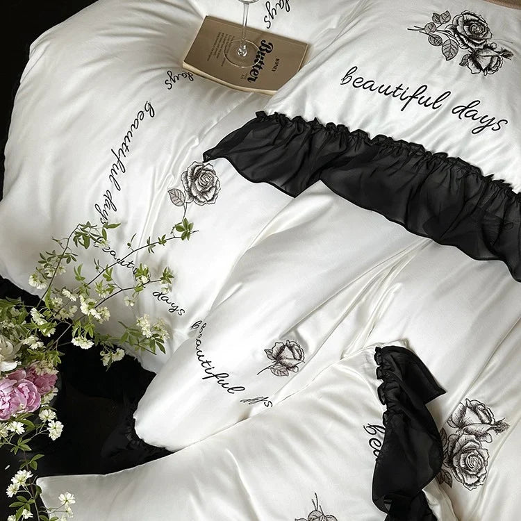 Bedding Set Cotton Satin Ruffle & Rose Embroidery 4-Piece