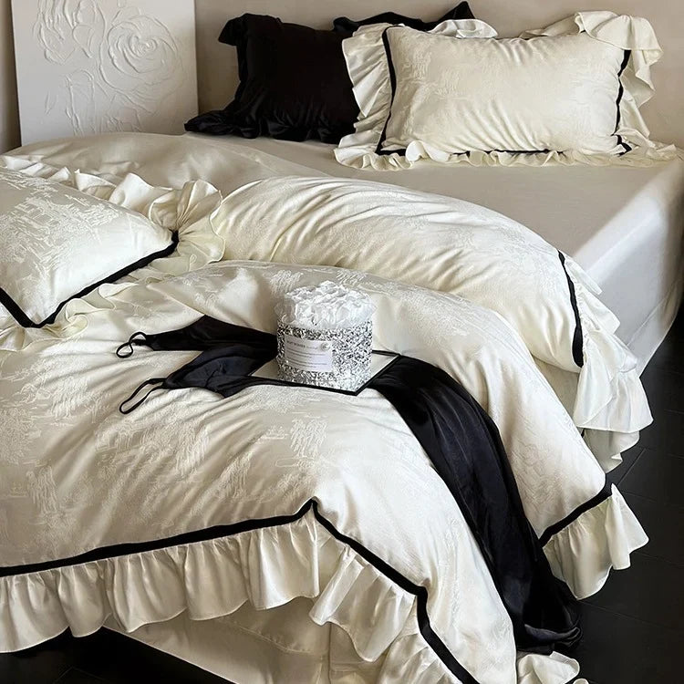 Bedding Set Cotton Satin Ruffles & Contrast Piping