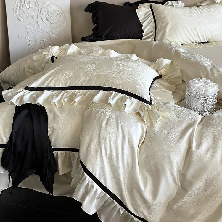 Bedding Set Cotton Satin Ruffles & Contrast Piping