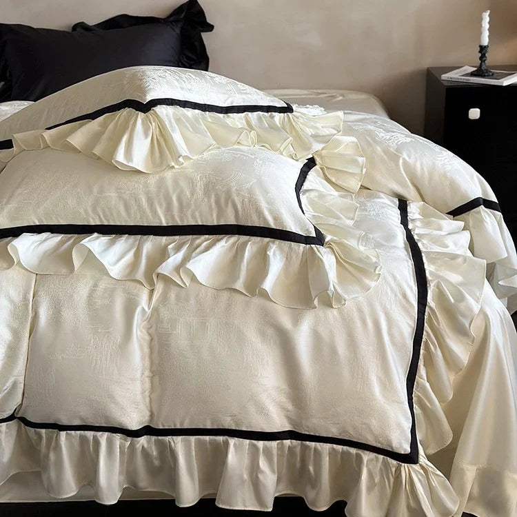 Bedding Set Cotton Satin Ruffles & Contrast Piping