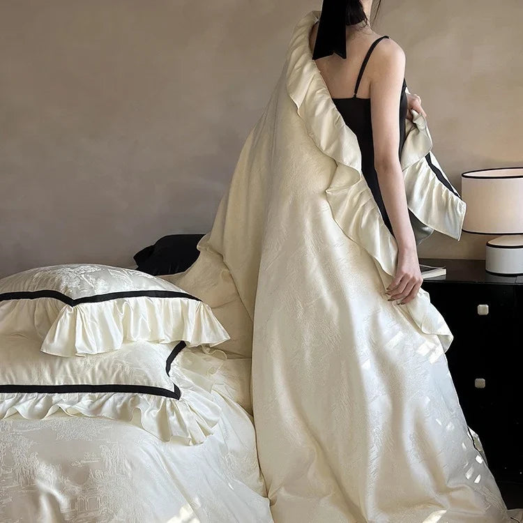 Bedding Set Cotton Satin Ruffles & Contrast Piping