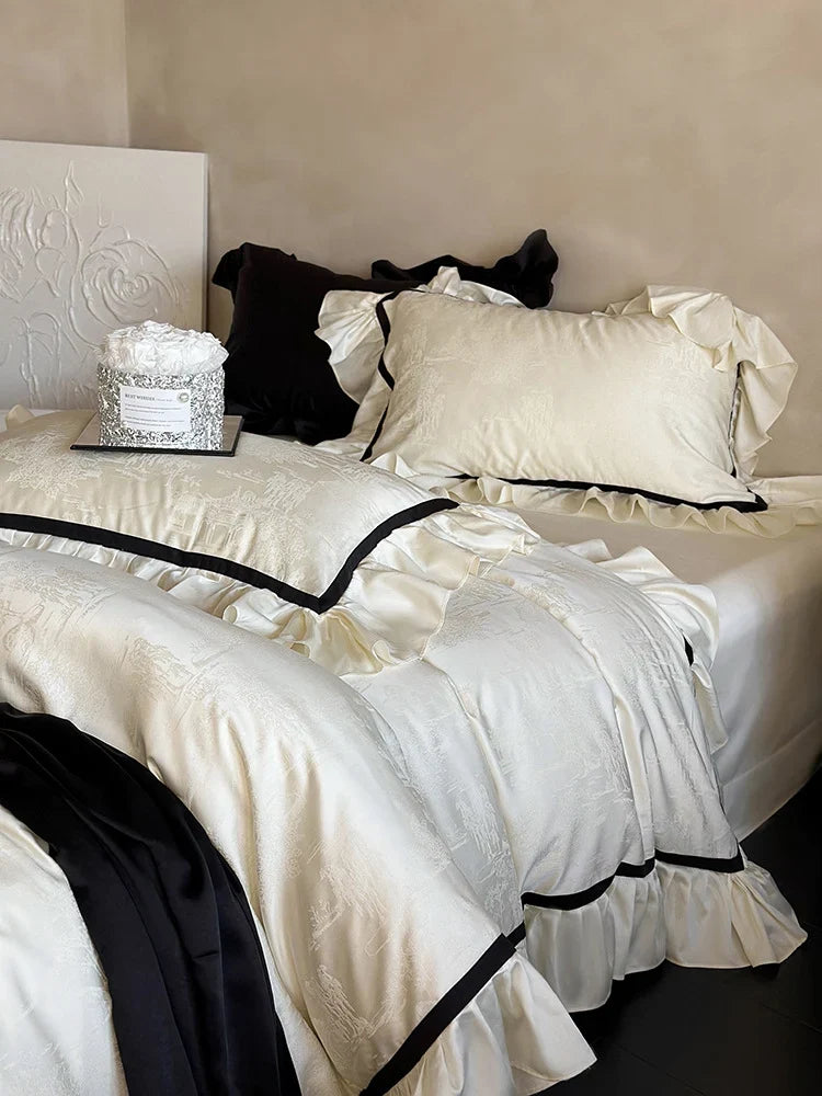 Bedding Set Cotton Satin Ruffles & Contrast Piping