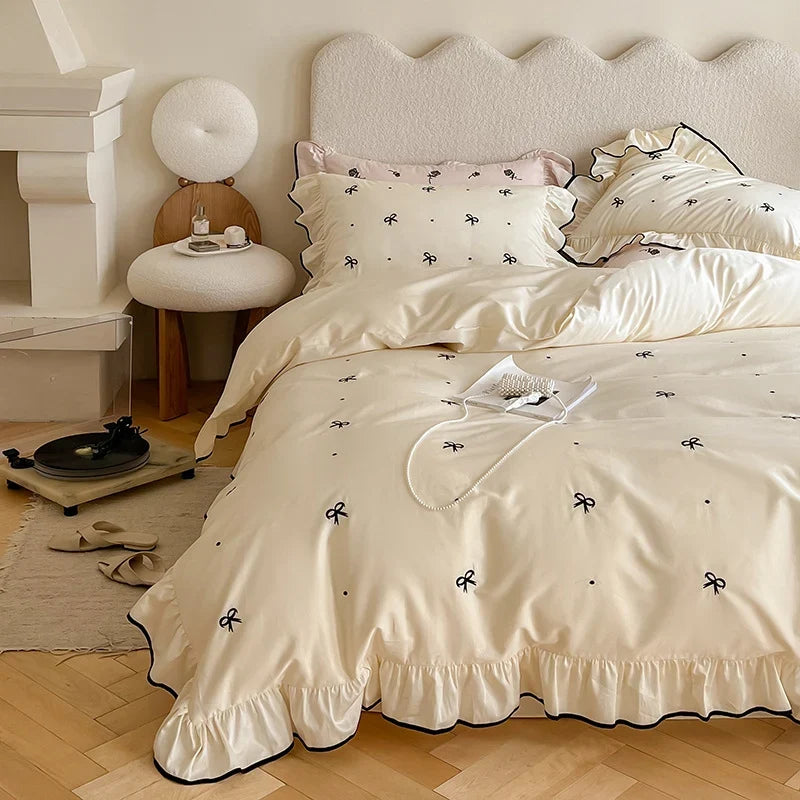 Bedding Set Cotton Satin Temperature-Regulating Ruffled & Embroidered