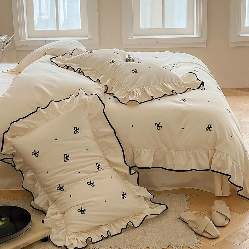 Bedding Set Cotton Satin Temperature-Regulating Ruffled & Embroidered