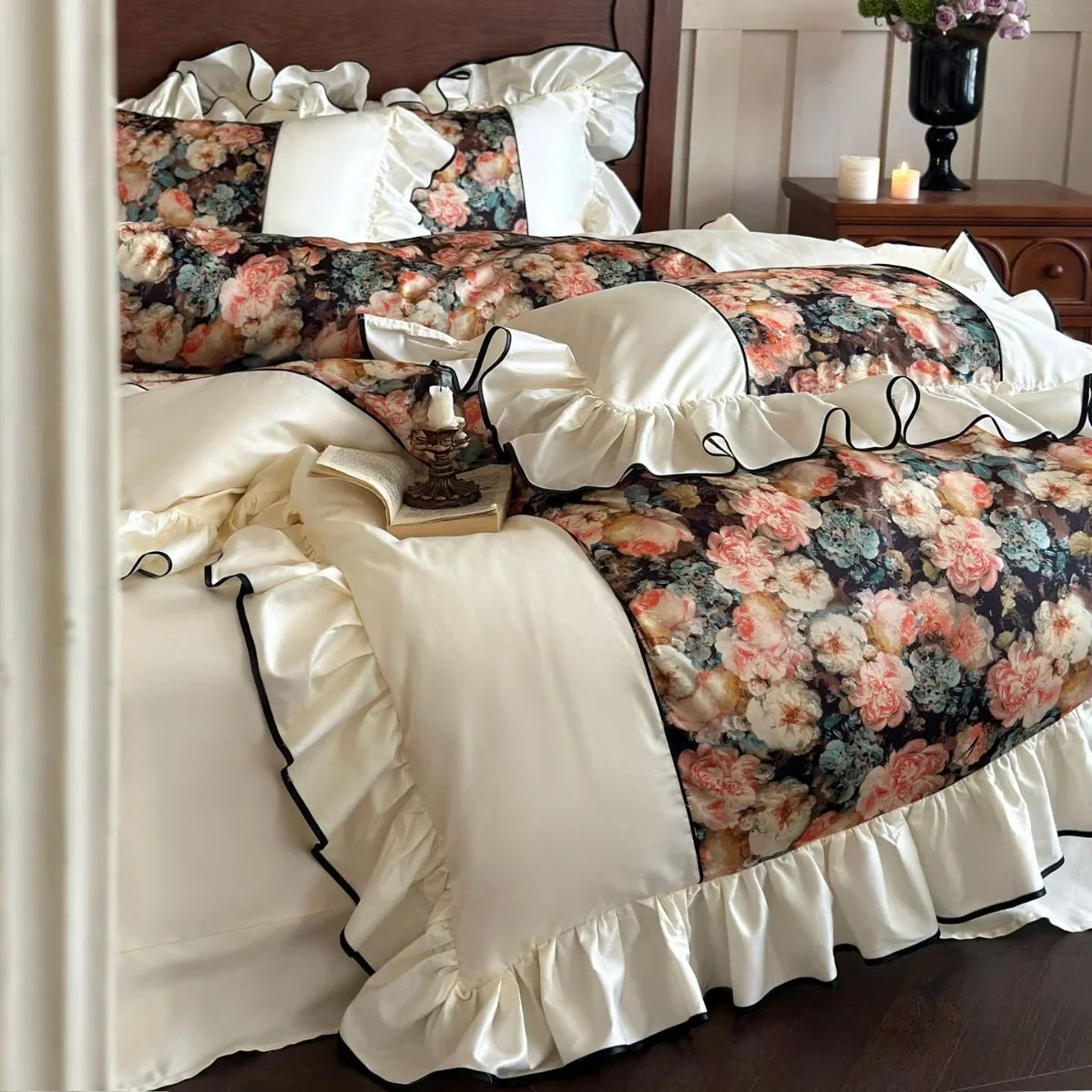 Bedding Set Cotton Satin Vintage Floral Ruffles & Black Piping