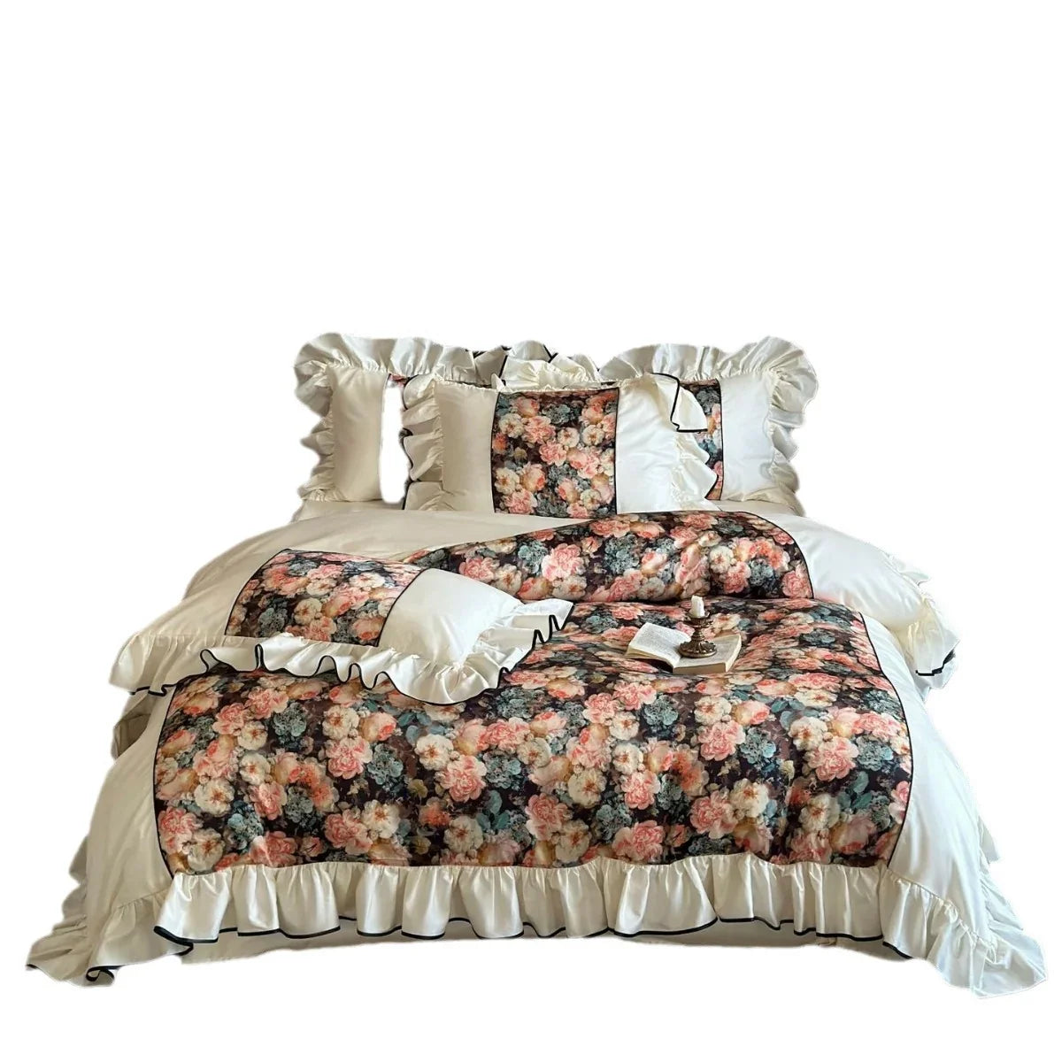 Bedding Set Cotton Satin Vintage Floral Ruffles & Black Piping
