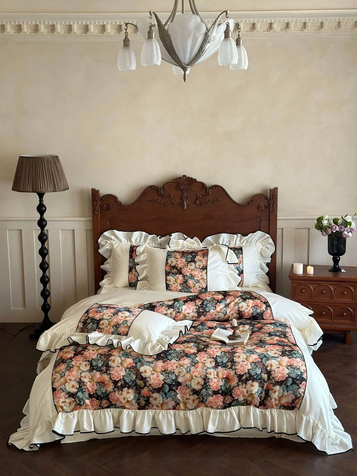 Bedding Set Cotton Satin Vintage Floral Ruffles & Black Piping