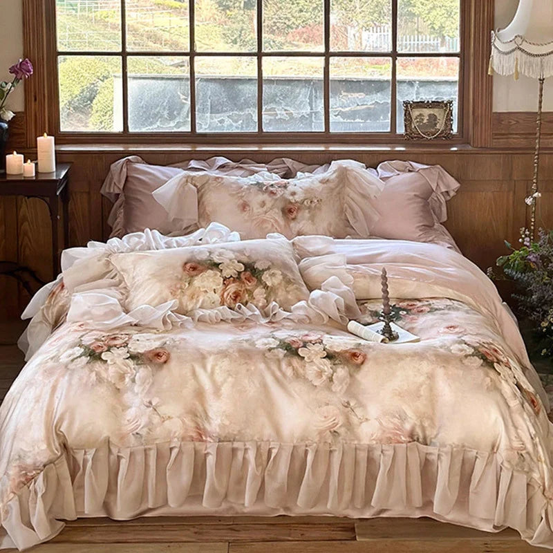 Bedding Set Cotton Satin Watercolor Floral Ruffles