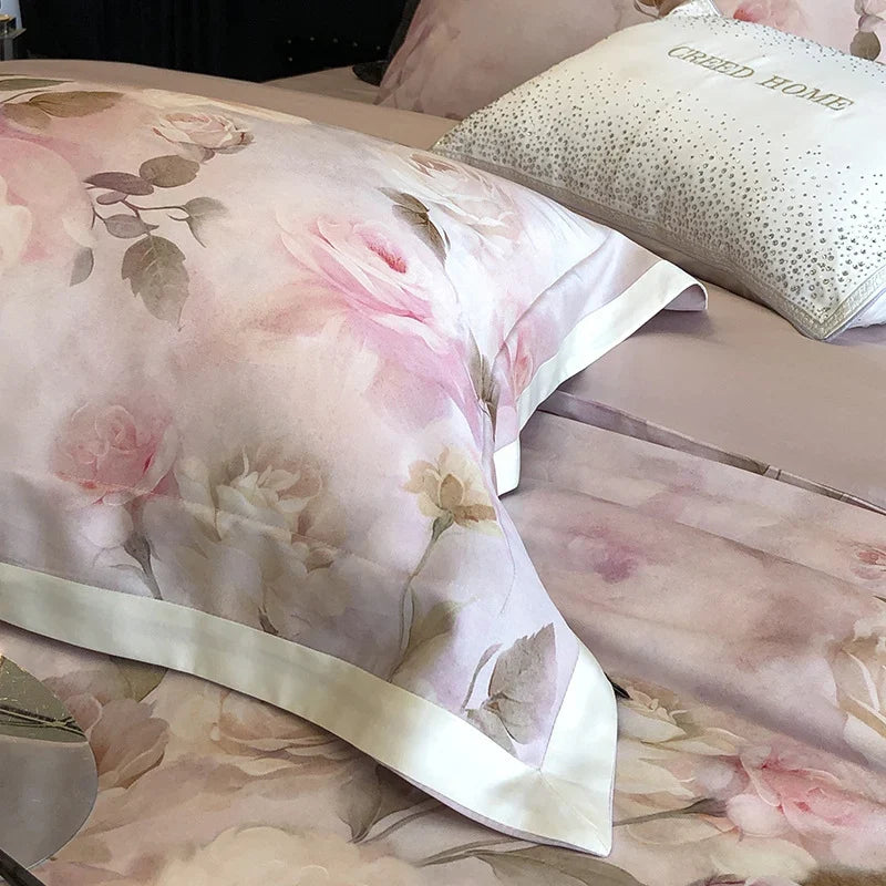 Bedding Set Cotton Satin Watercolor Rose Print