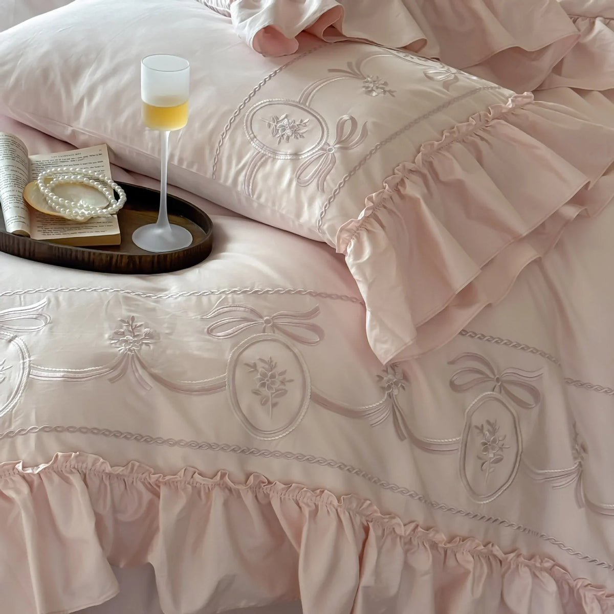 Bedding Set Embroidered 100% Cotton Ruffle Duvet & Pillowcases