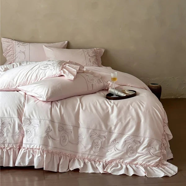 Bedding Set Embroidered 100% Cotton Ruffle Duvet & Pillowcases