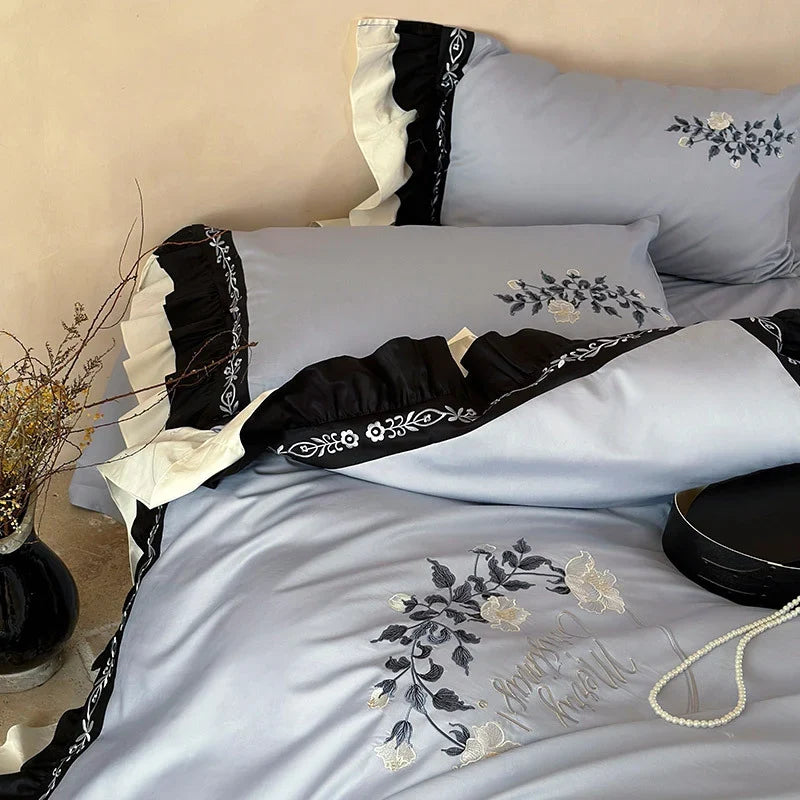 Bedding Set Embroidered Cotton Satin Machine Washable & Concealed Zipper
