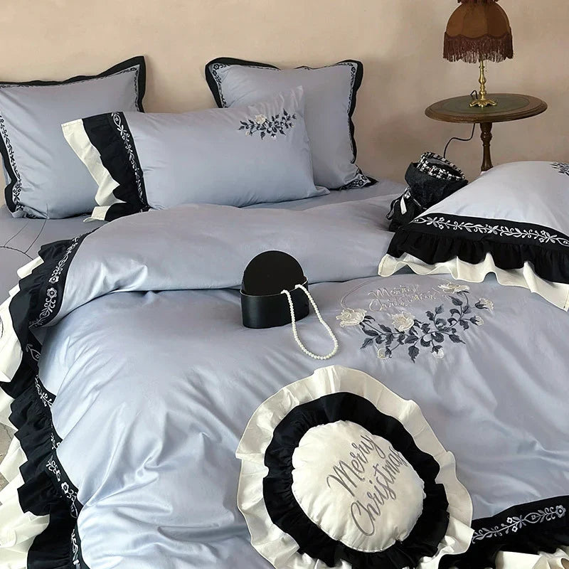 Bedding Set Embroidered Cotton Satin Machine Washable & Concealed Zipper