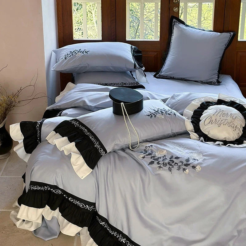 Bedding Set Embroidered Cotton Satin Machine Washable & Concealed Zipper